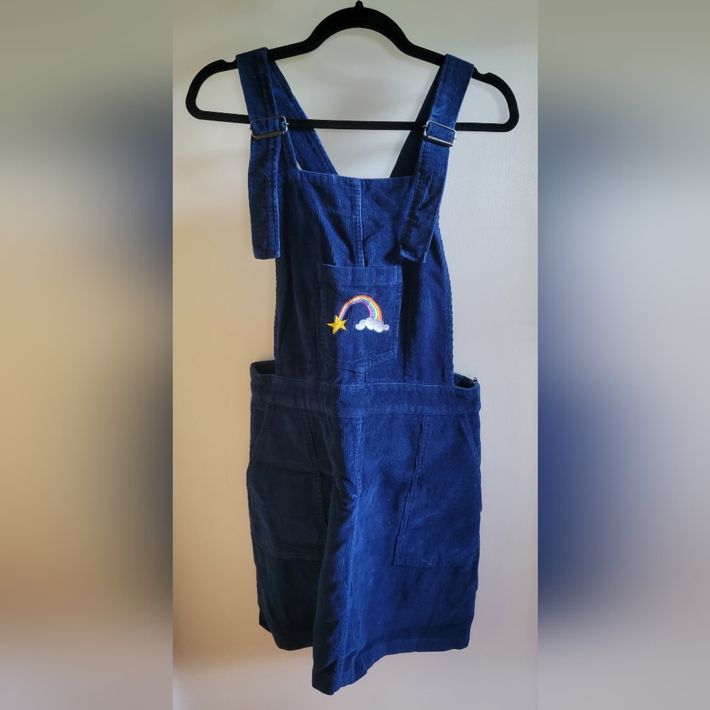 Run and Fly Blue Corduroy Dress with Rainbow Patch